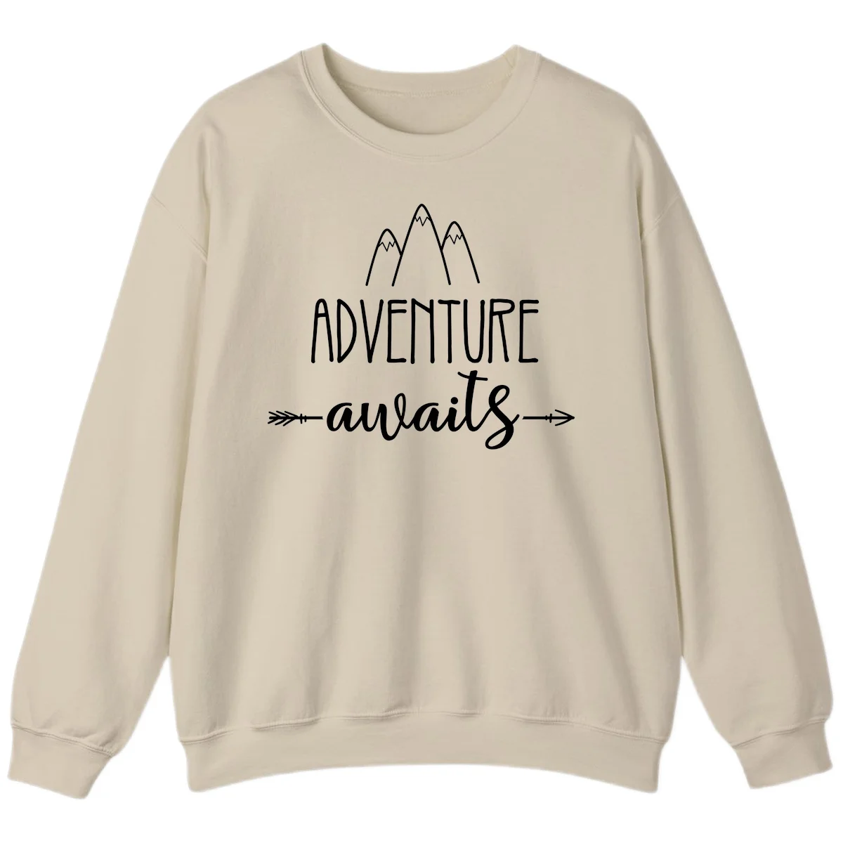 Adventure awaits mountains design with three snow-capped peaks and decorative arrows in white linework in Sand