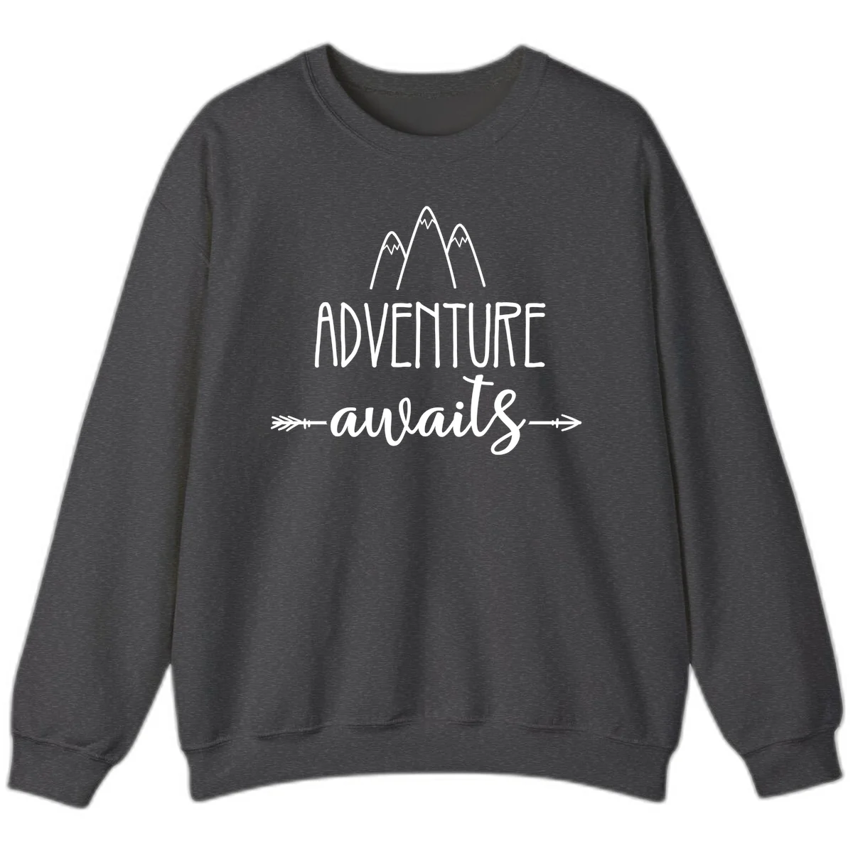 Adventure awaits mountains design with three snow-capped peaks and decorative arrows in white linework in Dark Heather