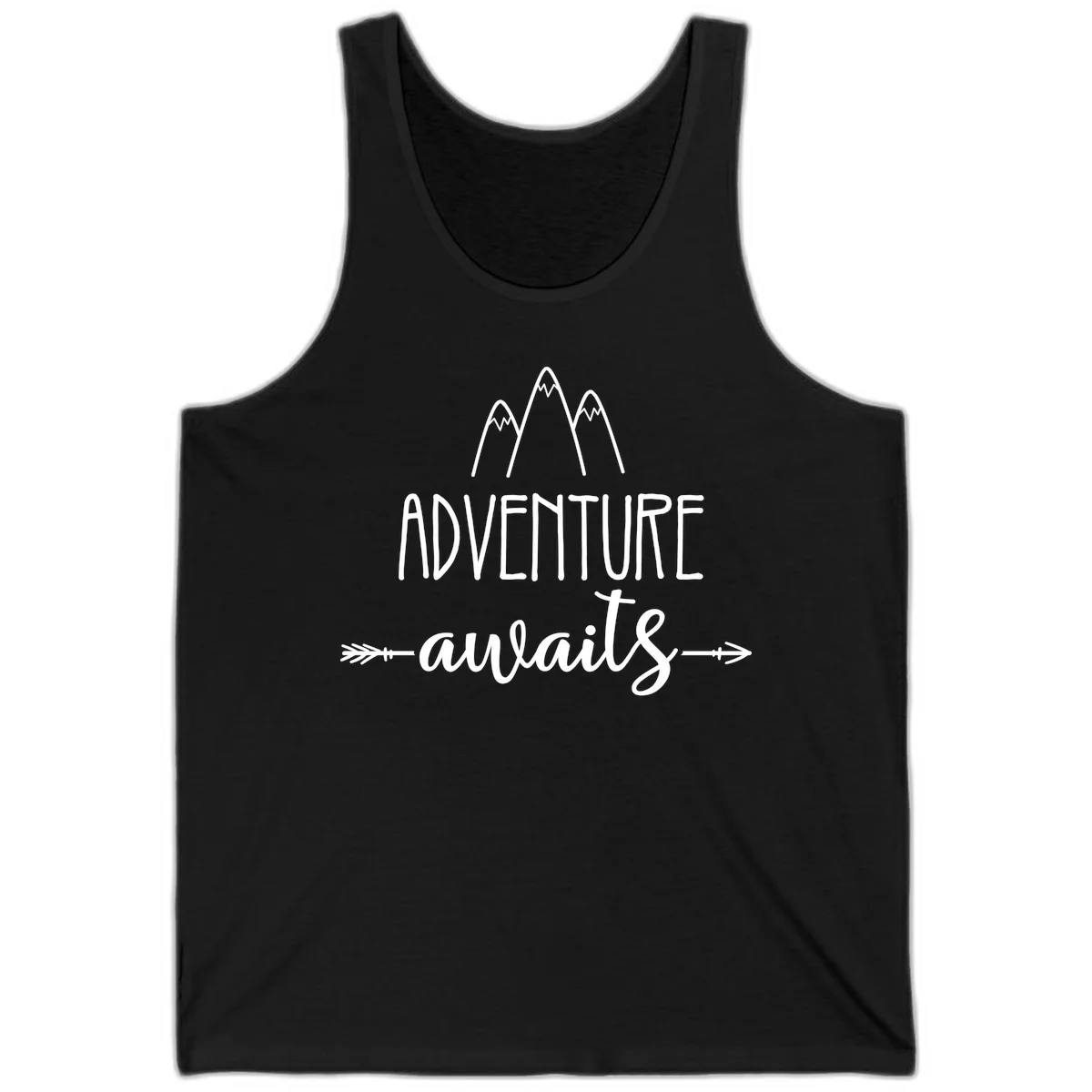 Adventure awaits mountains design with three snow-capped peaks and decorative arrows in white linework in Black