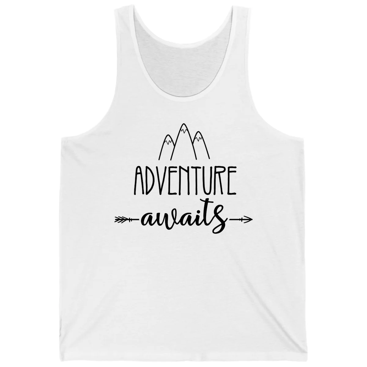 Adventure awaits mountains design with three snow-capped peaks and decorative arrows in white linework in White