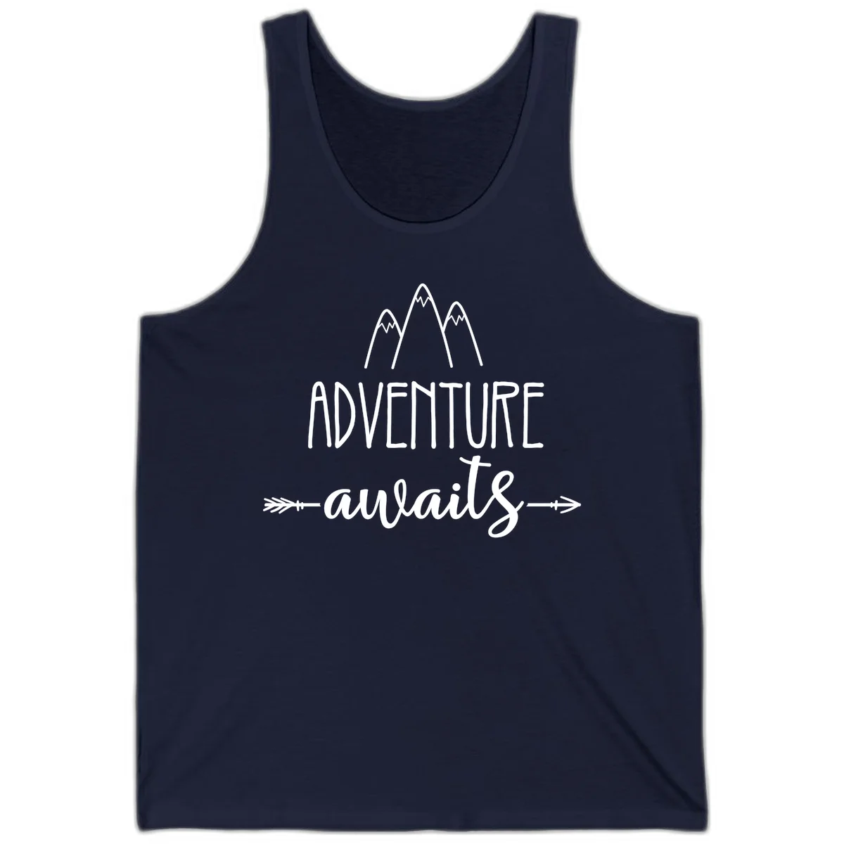 Adventure awaits mountains design with three snow-capped peaks and decorative arrows in white linework in Navy