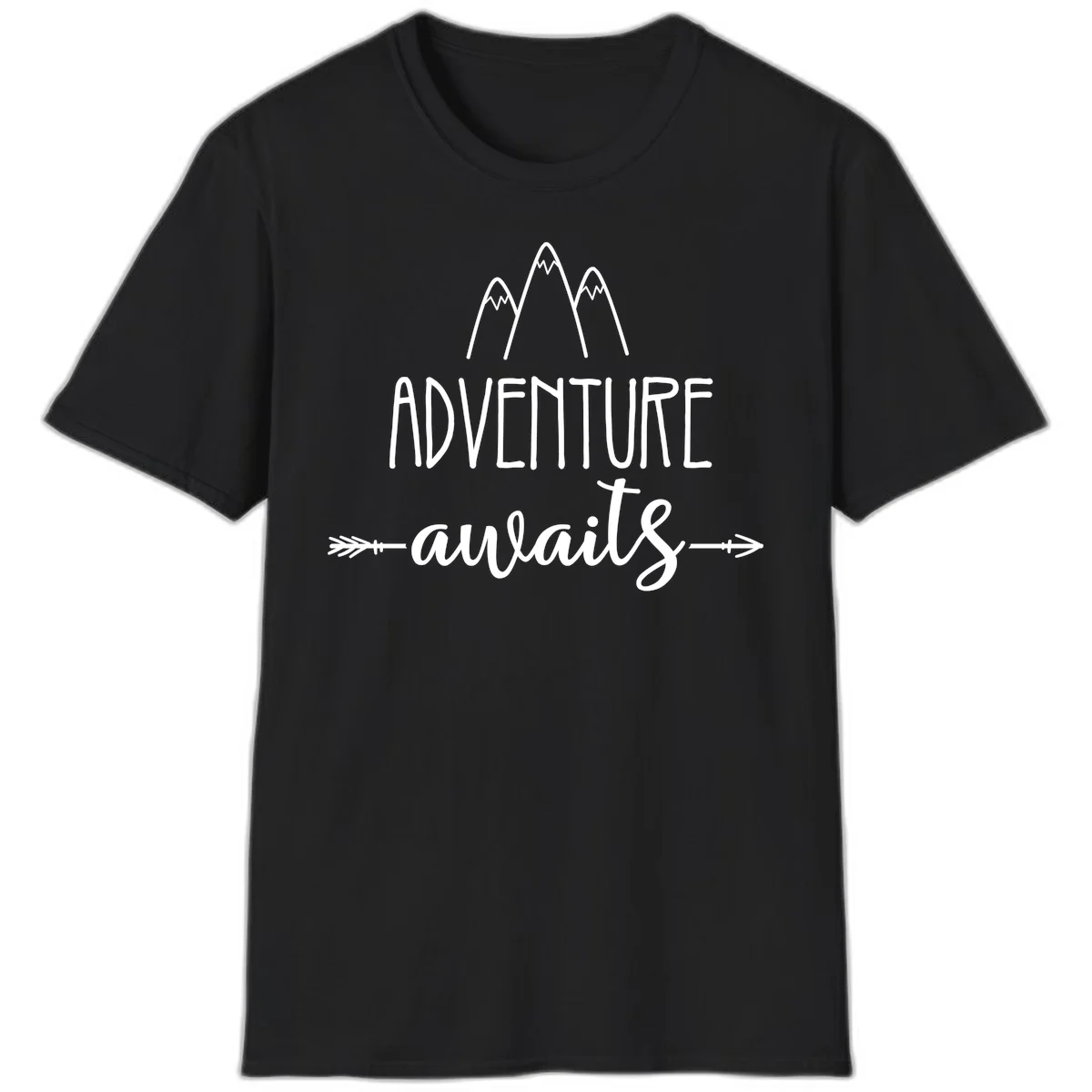 Adventure awaits mountains design with three snow-capped peaks and decorative arrows in white linework in Black