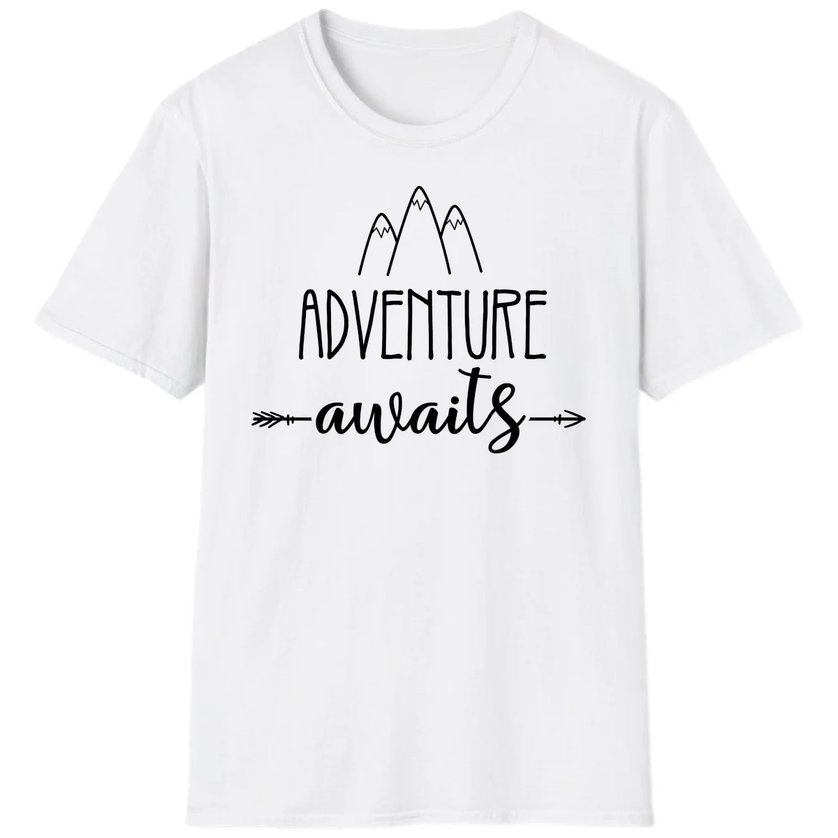 Adventure awaits mountains design with three snow-capped peaks and decorative arrows in white linework in White