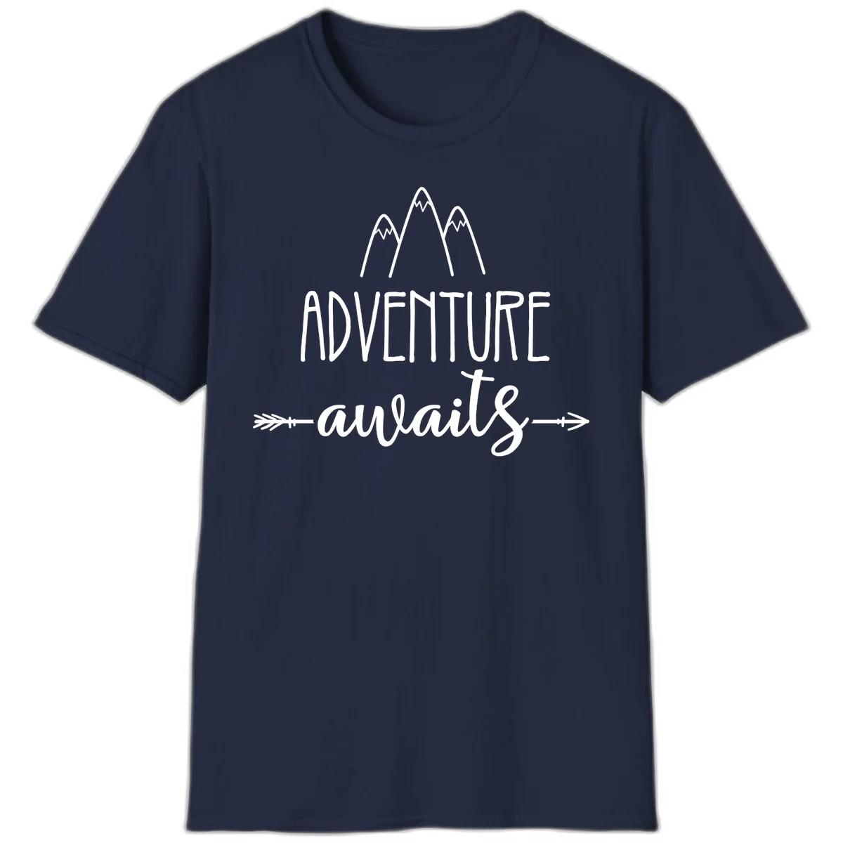 Adventure awaits mountains design with three snow-capped peaks and decorative arrows in white linework in Navy