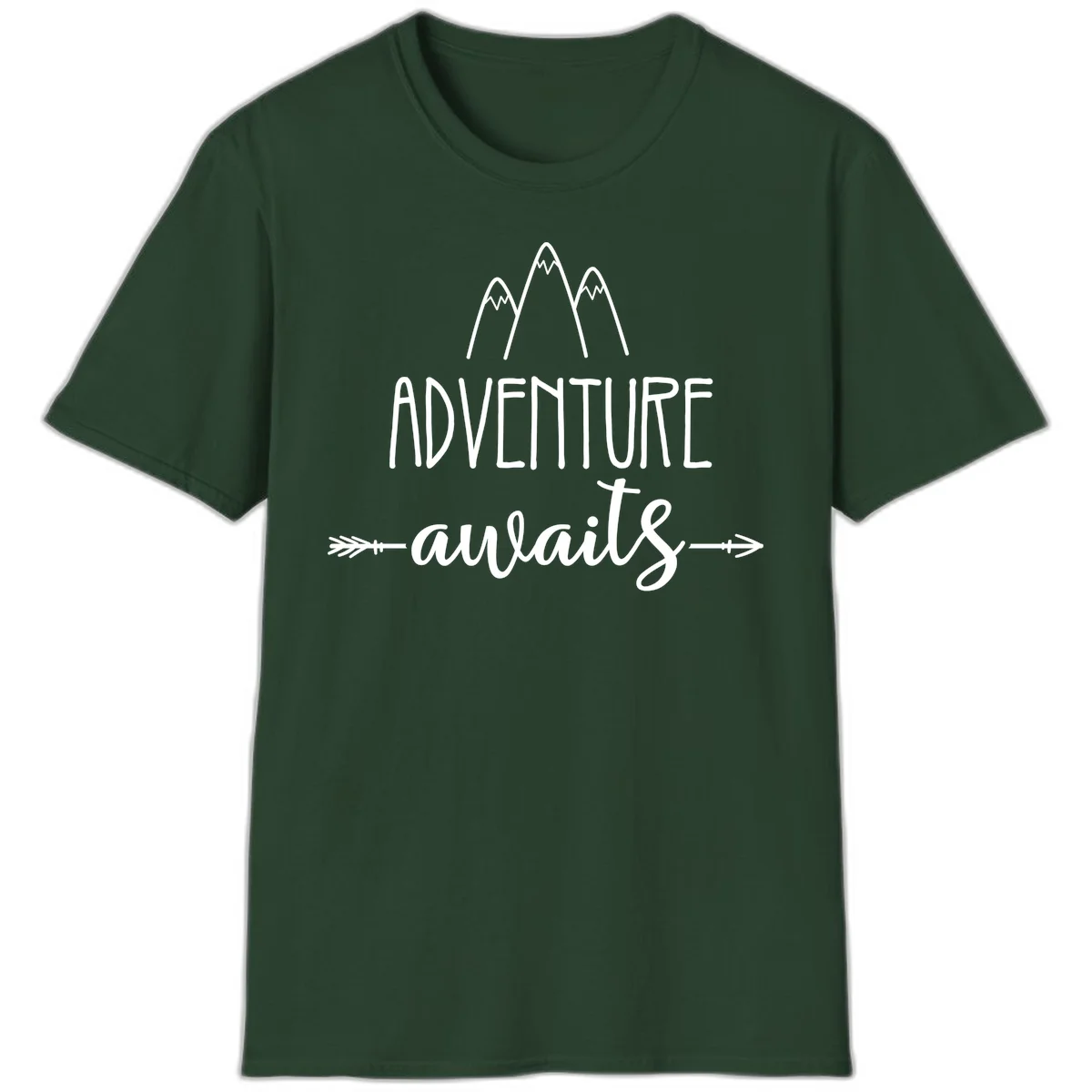 Adventure awaits mountains design with three snow-capped peaks and decorative arrows in white linework in Forest Green