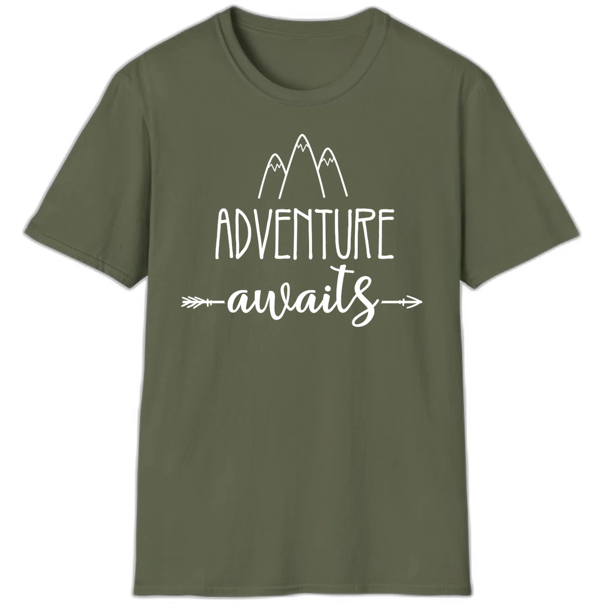 Adventure awaits mountains design with three snow-capped peaks and decorative arrows in white linework in Military Green