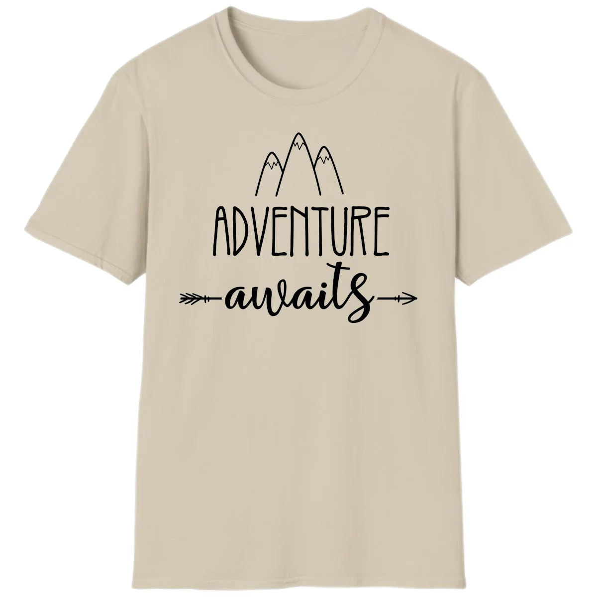Adventure awaits mountains design with three snow-capped peaks and decorative arrows in white linework in Sand