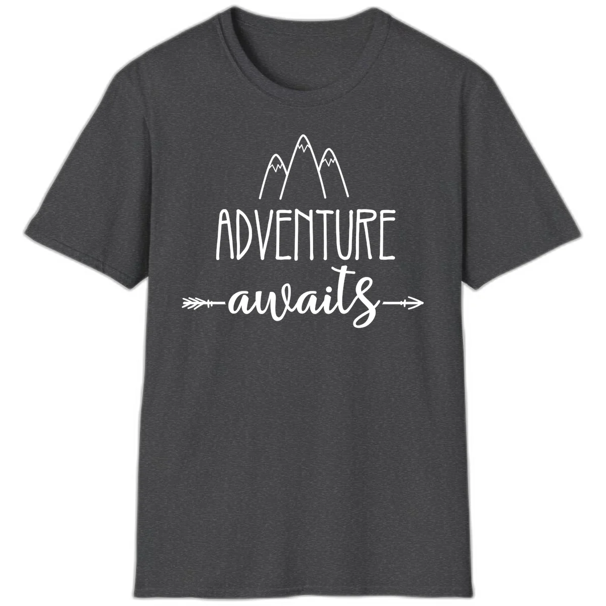 Adventure awaits mountains design with three snow-capped peaks and decorative arrows in white linework in Dark Heather