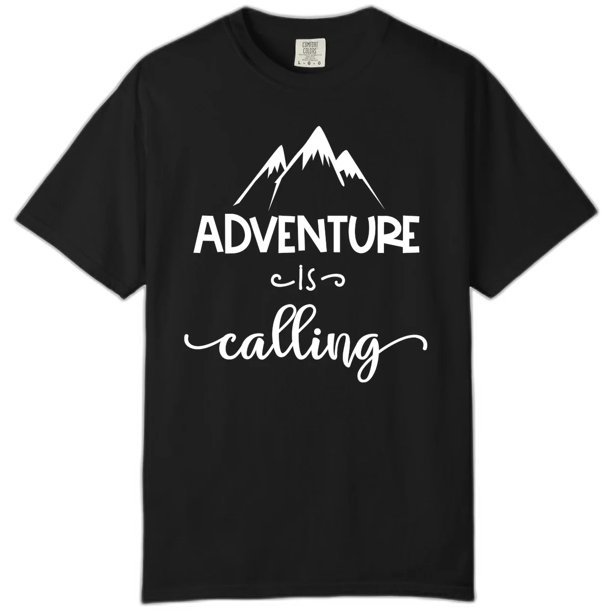 Adventure is calling design with three snow-capped mountain peaks and motivational text on gray background in Black
