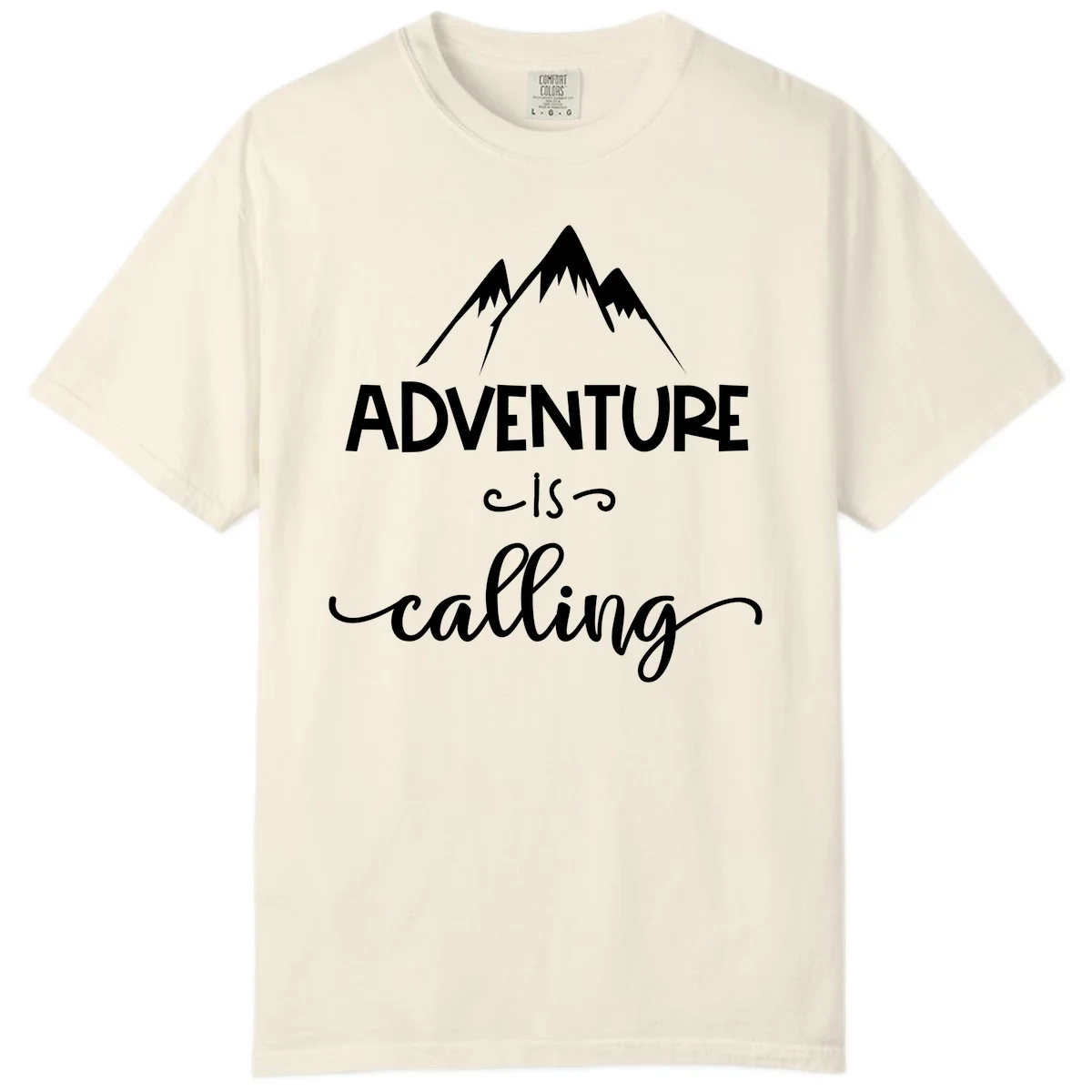 Adventure is calling design with three snow-capped mountain peaks and motivational text on gray background in Ivory