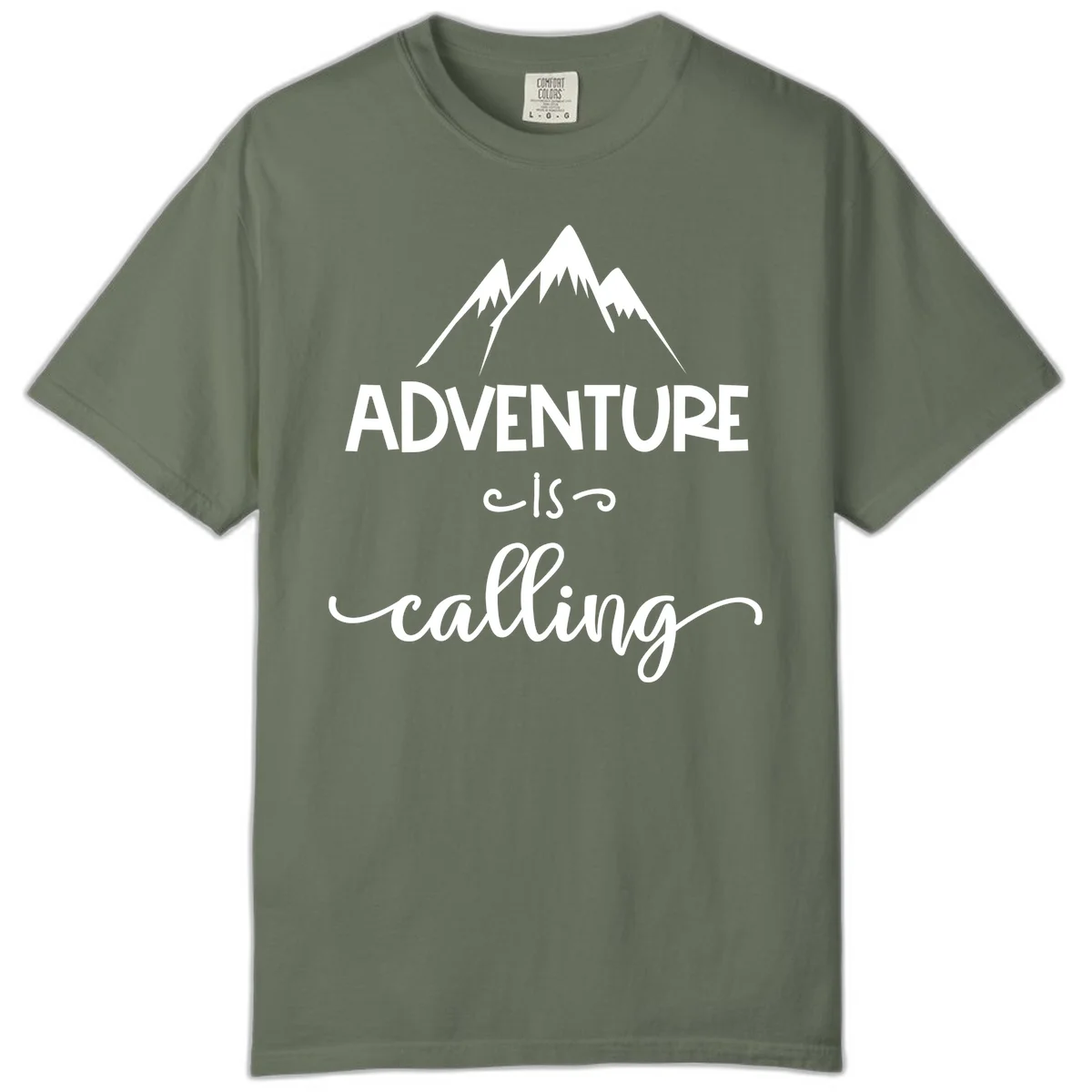 Adventure is calling design with three snow-capped mountain peaks and motivational text on gray background in Moss