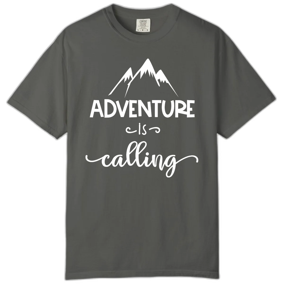 Adventure is calling design with three snow-capped mountain peaks and motivational text on gray background in Pepper