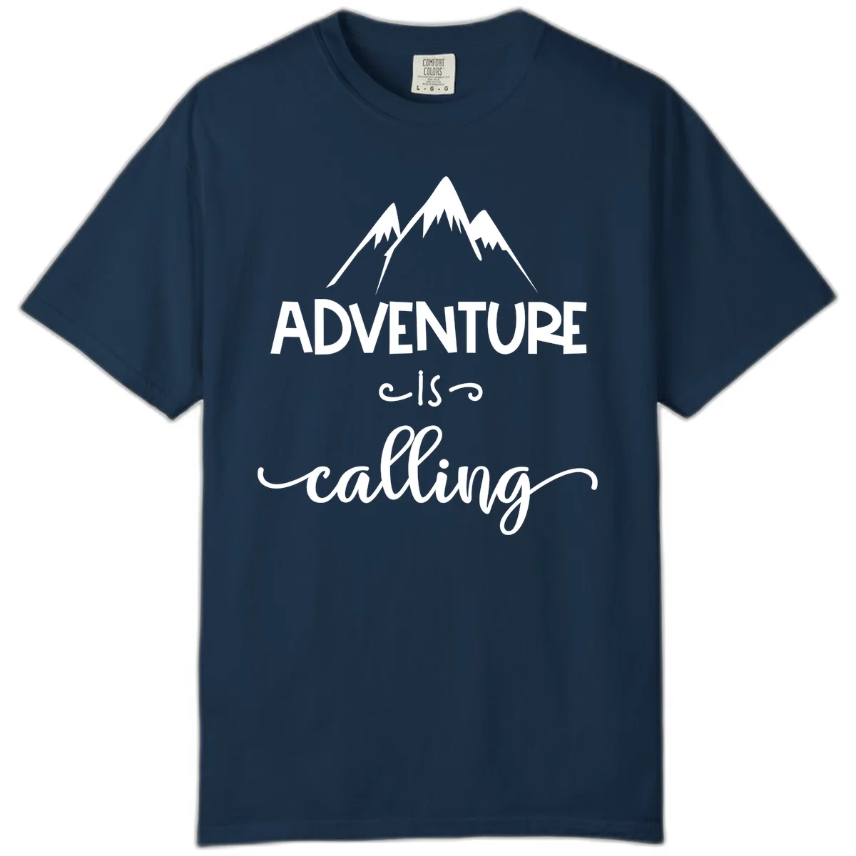 Adventure is calling design with three snow-capped mountain peaks and motivational text on gray background in True Navy