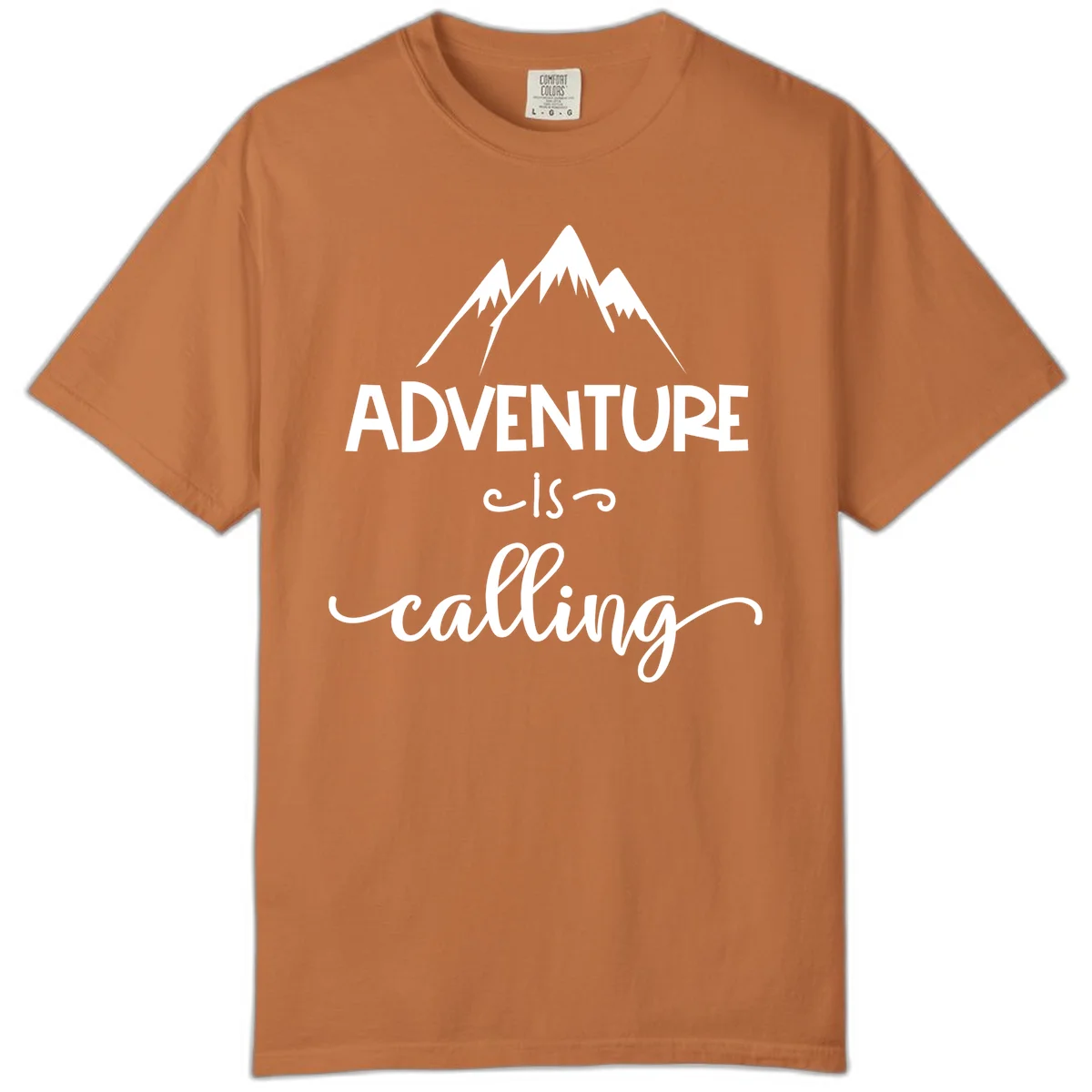 Adventure is calling design with three snow-capped mountain peaks and motivational text on gray background in Yam