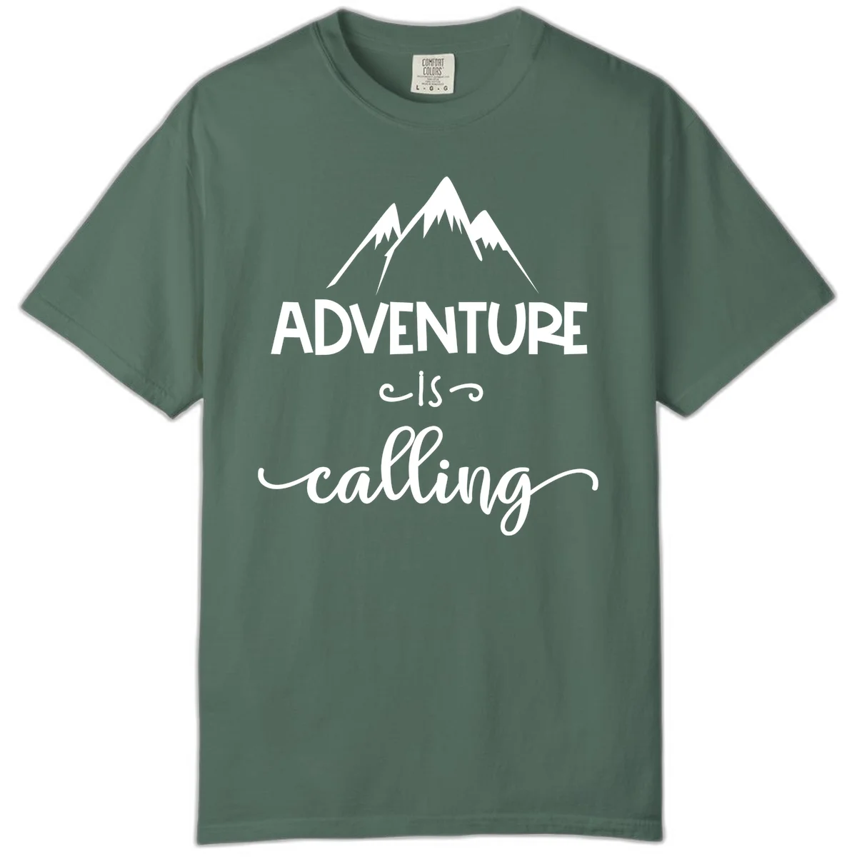 Adventure is calling design with three snow-capped mountain peaks and motivational text on gray background in Blue Spruce