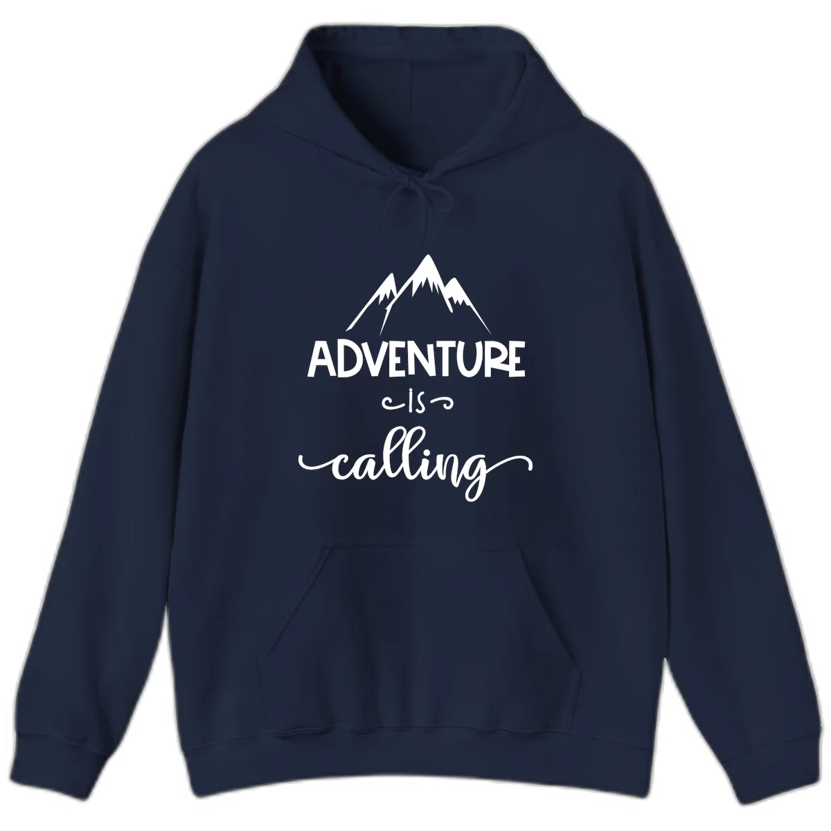 Adventure is calling design with three snow-capped mountain peaks and motivational text on gray background in Navy