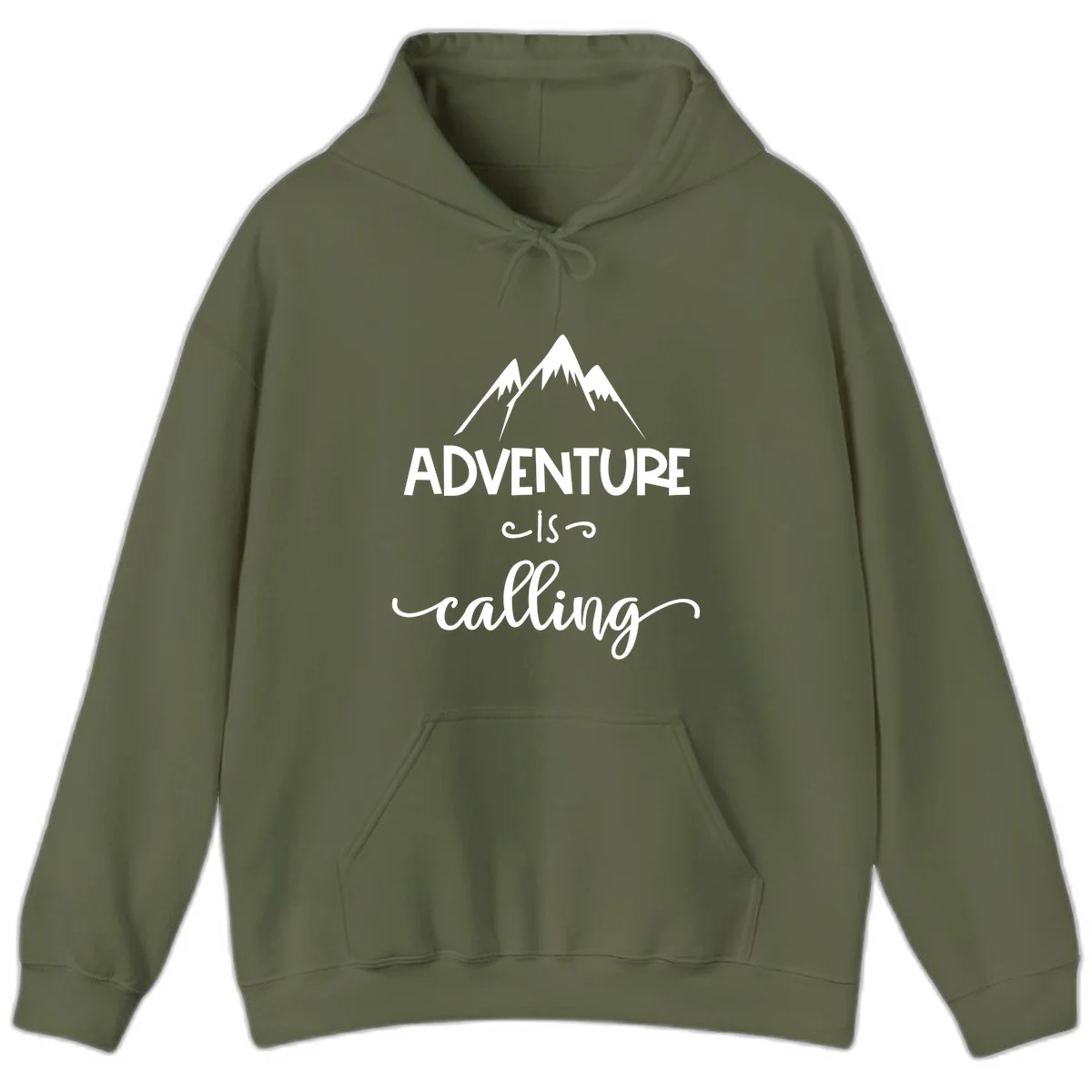 Adventure is calling design with three snow-capped mountain peaks and motivational text on gray background in Military Green