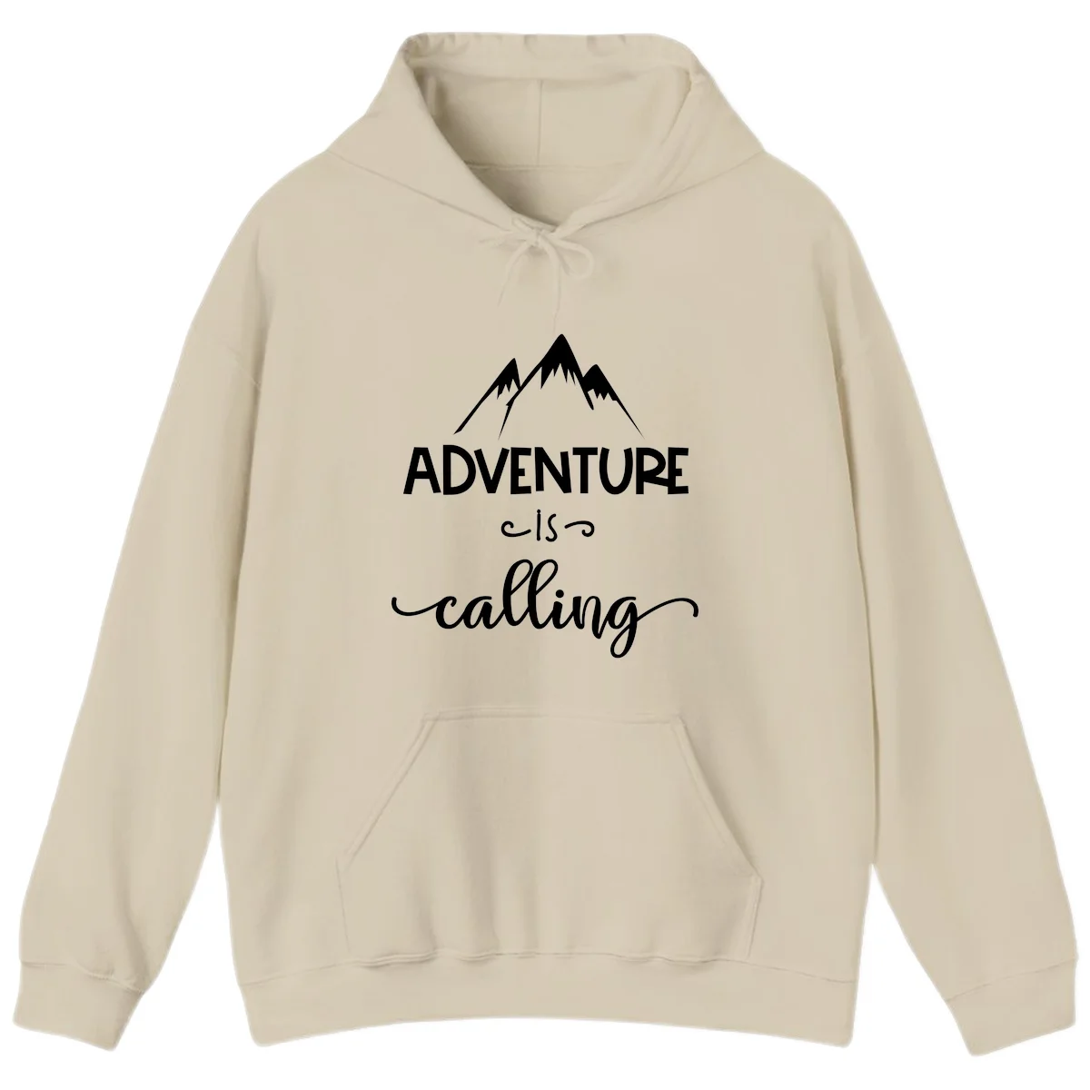Adventure is calling design with three snow-capped mountain peaks and motivational text on gray background in Sand