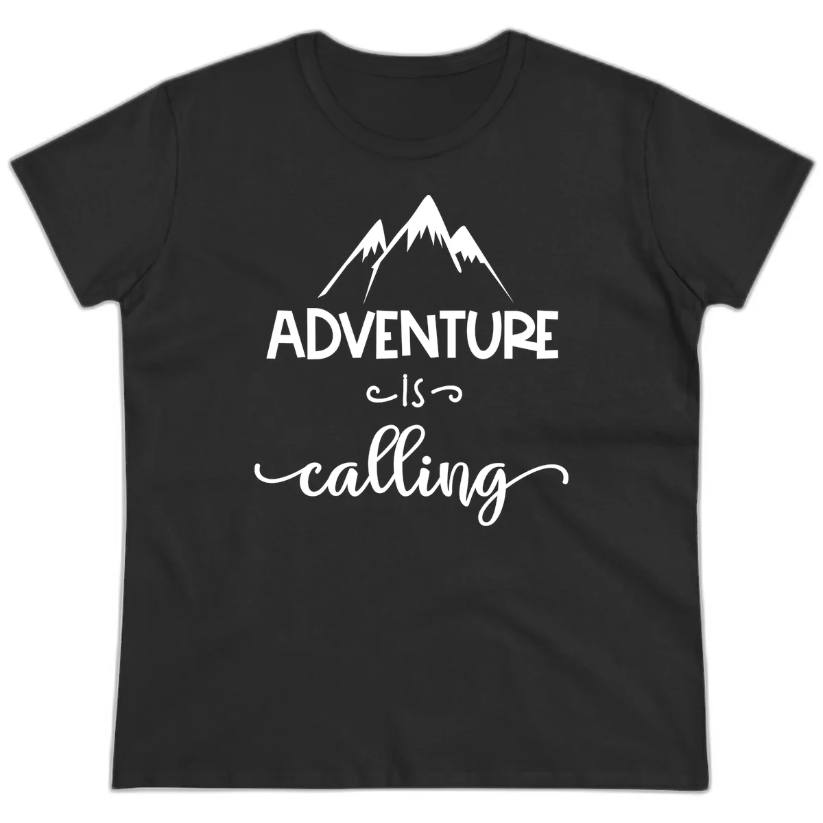 Adventure is calling design with three snow-capped mountain peaks and motivational text on gray background in Black