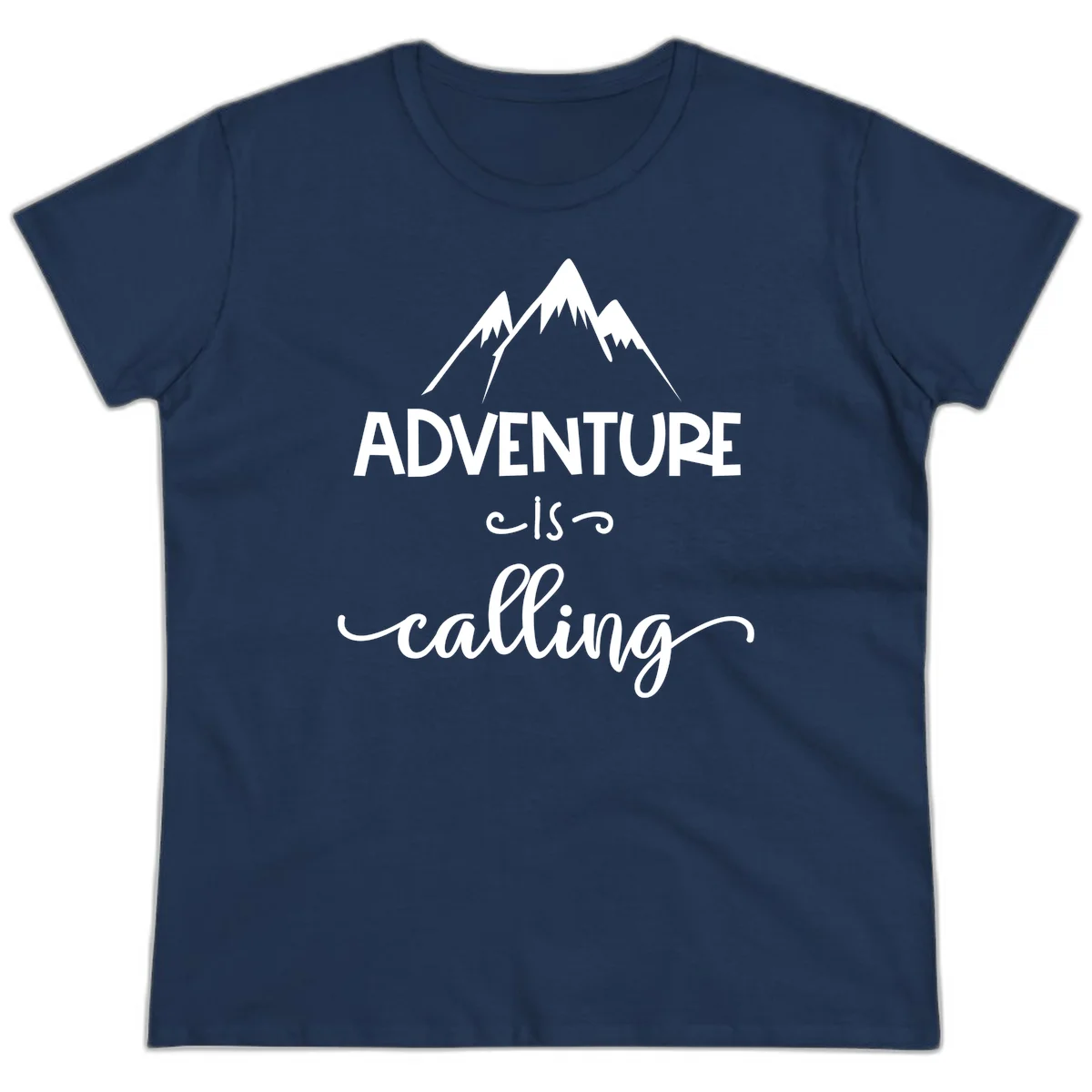Adventure is calling design with three snow-capped mountain peaks and motivational text on gray background in Navy