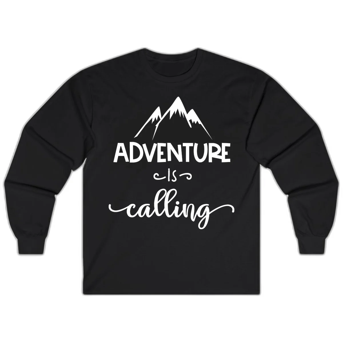 Adventure is calling design with three snow-capped mountain peaks and motivational text on gray background in Black