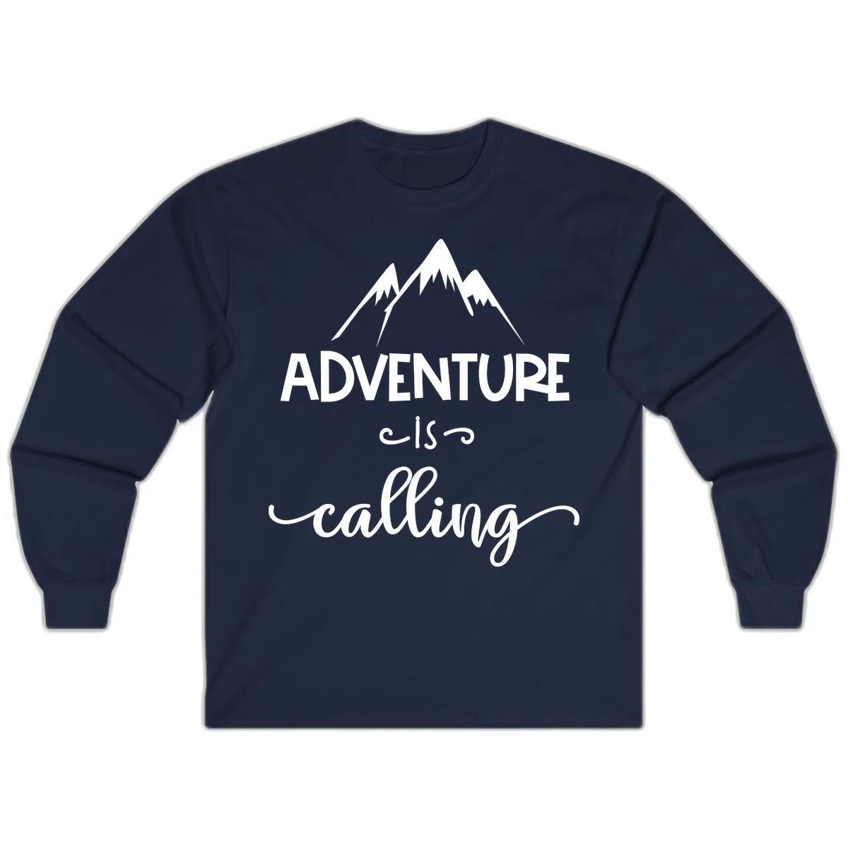 Adventure is calling design with three snow-capped mountain peaks and motivational text on gray background in Navy