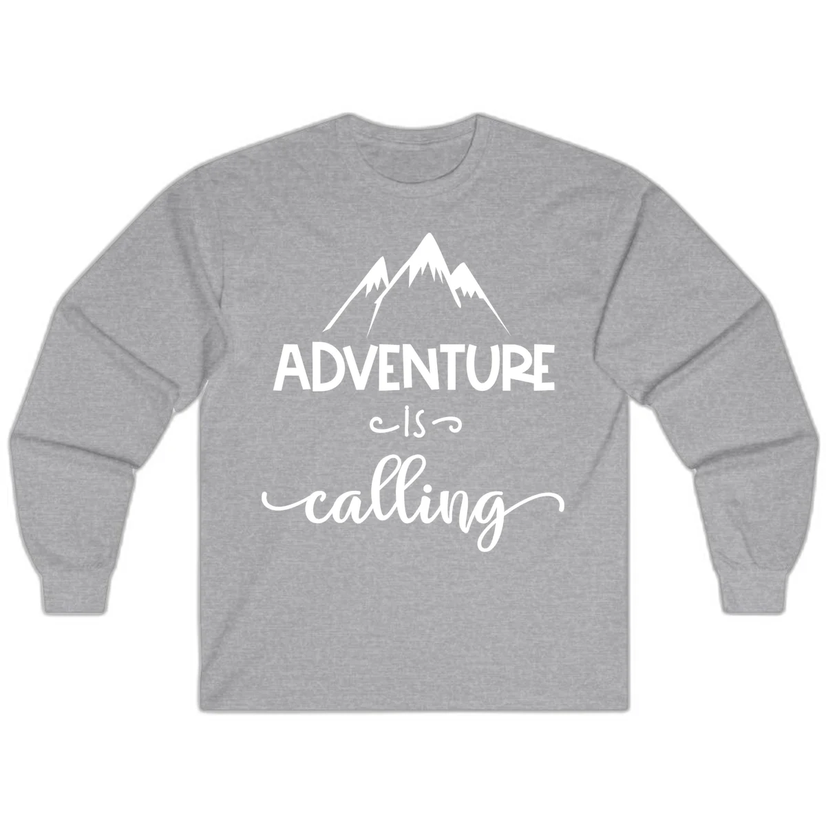 Adventure is calling design with three snow-capped mountain peaks and motivational text on gray background in Sport Grey