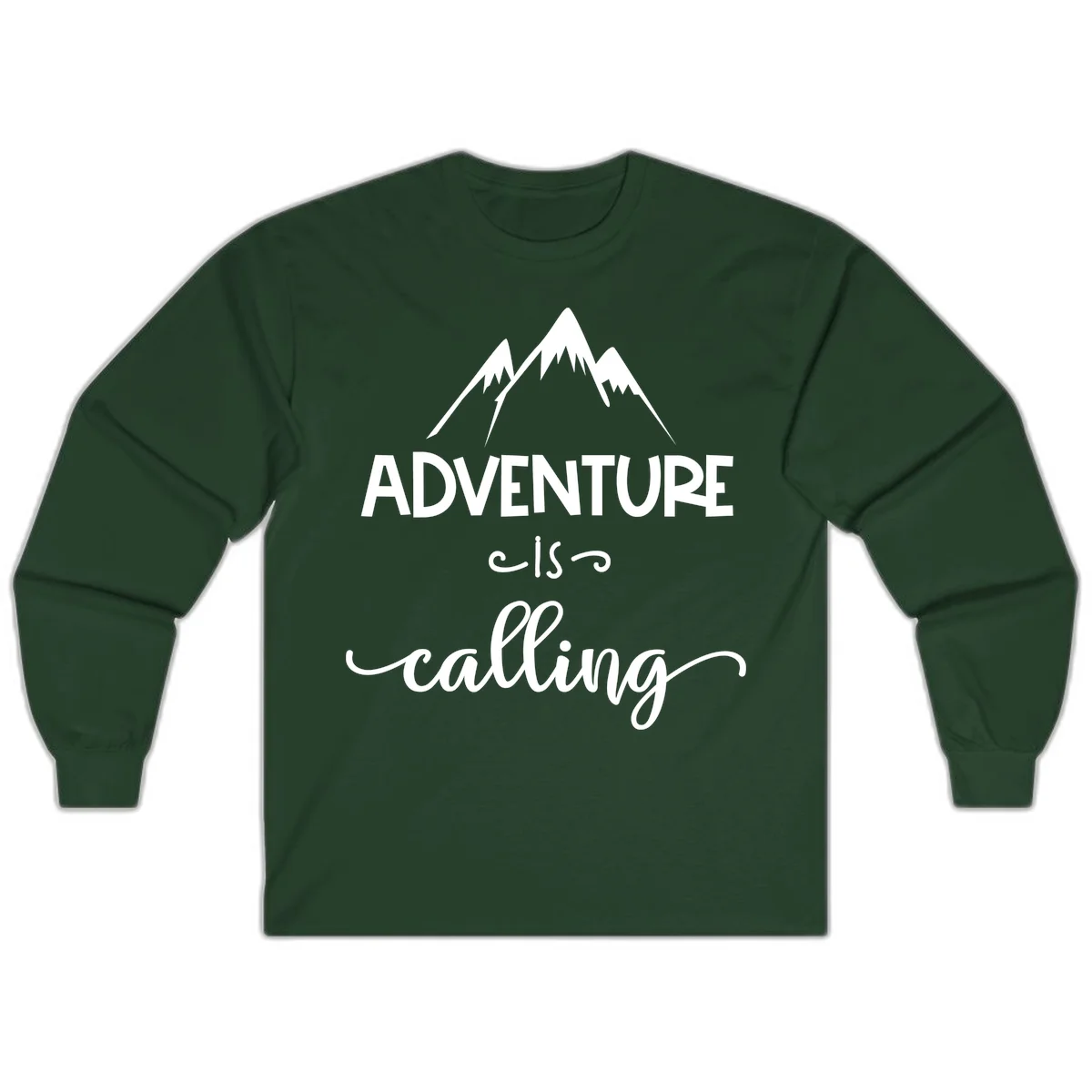 Adventure is calling design with three snow-capped mountain peaks and motivational text on gray background in Forest Green