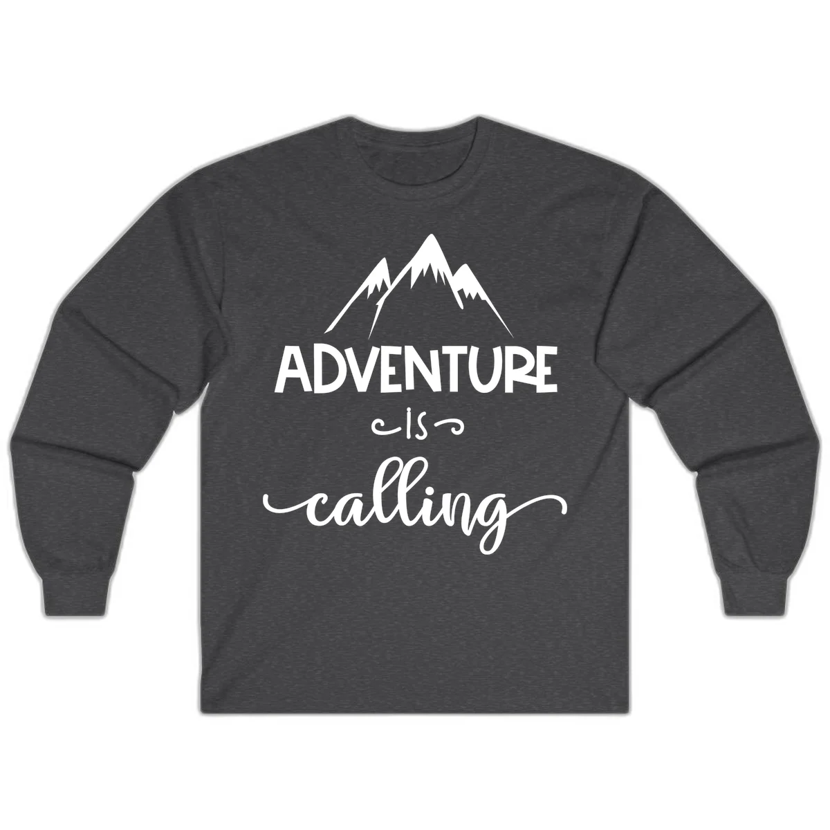 Adventure is calling design with three snow-capped mountain peaks and motivational text on gray background in Dark Heather