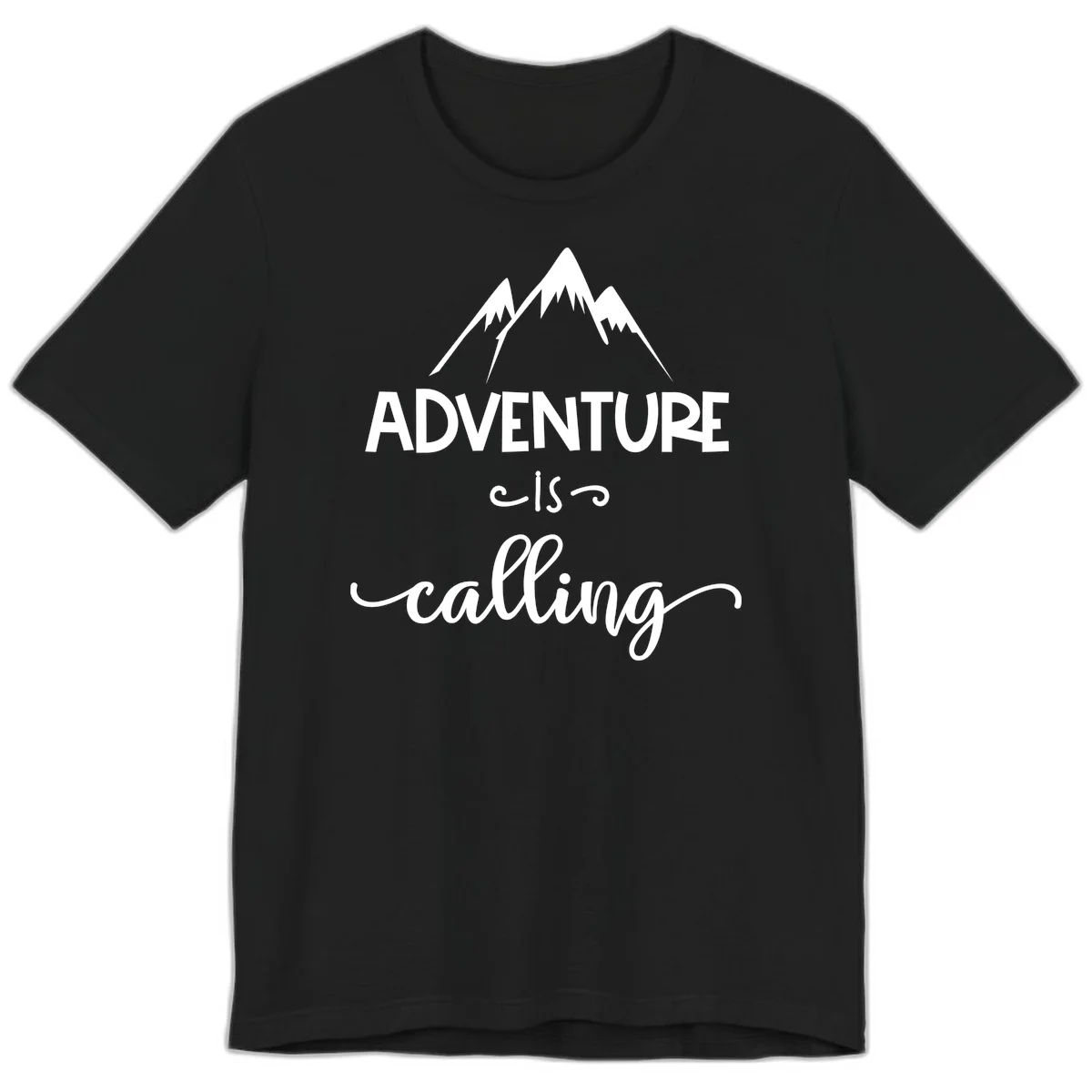 Adventure is calling design with three snow-capped mountain peaks and motivational text on gray background in Black