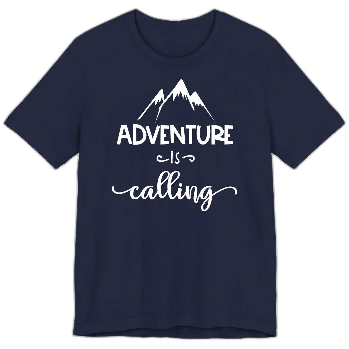 Adventure is calling design with three snow-capped mountain peaks and motivational text on gray background in Navy