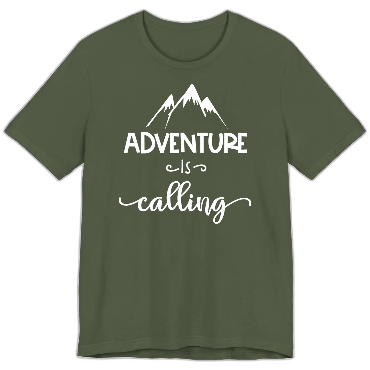 Adventure is calling design with three snow-capped mountain peaks and motivational text on gray background in Military Green