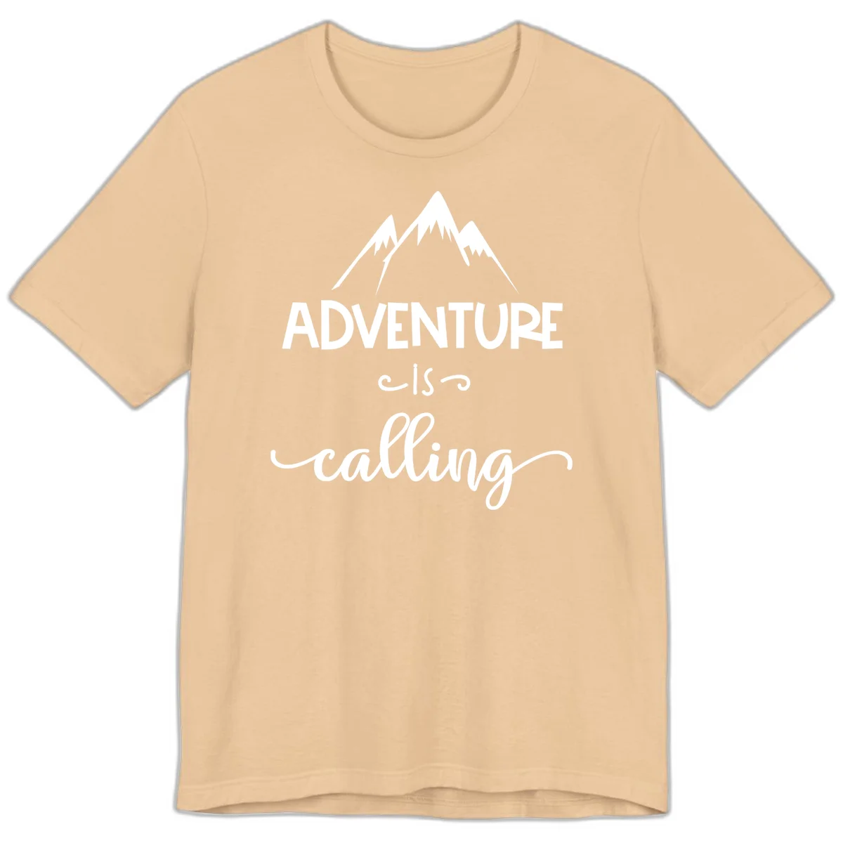 Adventure is calling design with three snow-capped mountain peaks and motivational text on gray background in Sand Dune