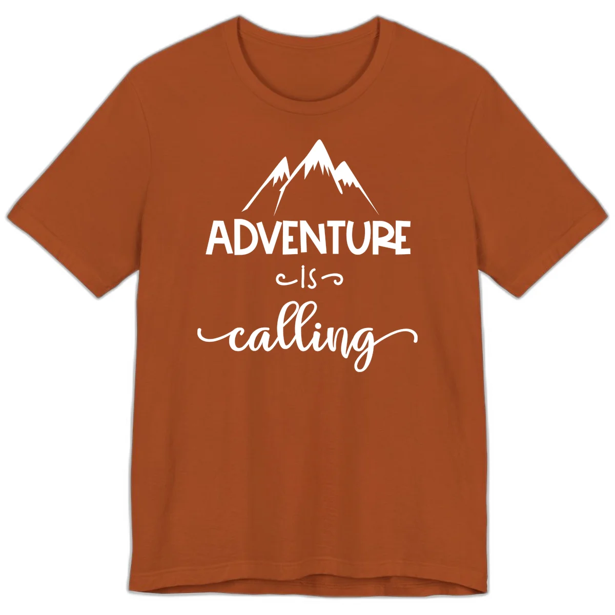 Adventure is calling design with three snow-capped mountain peaks and motivational text on gray background in Autumn