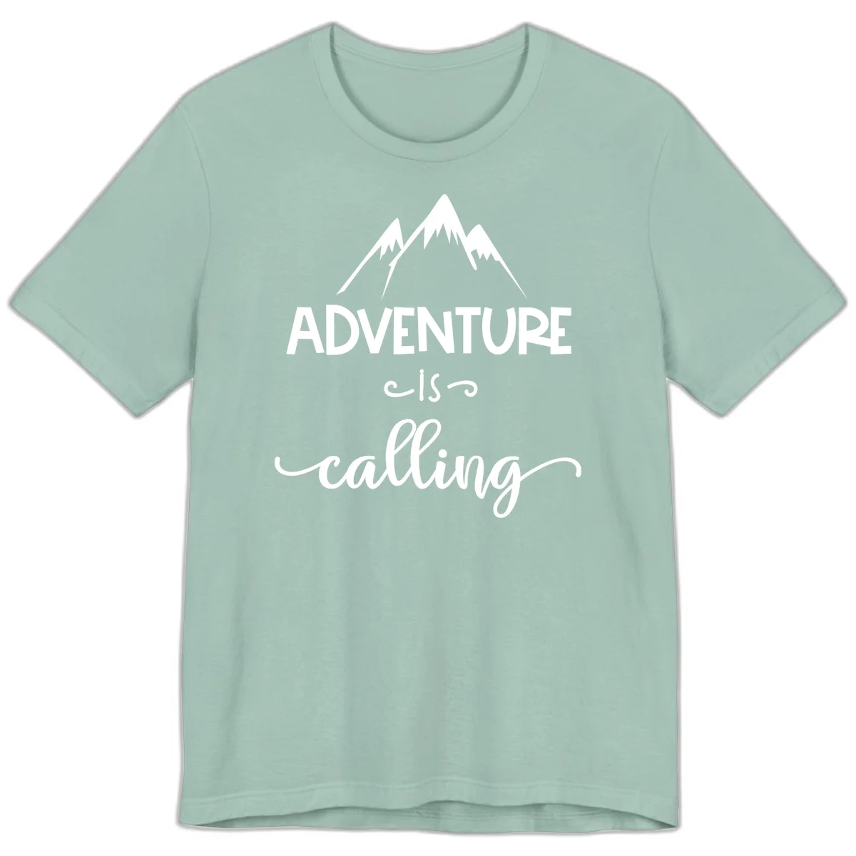 Adventure is calling design with three snow-capped mountain peaks and motivational text on gray background in Dusty Blue