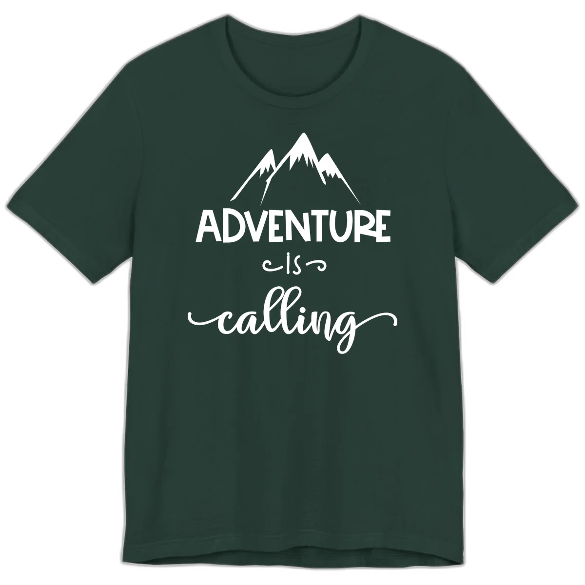 Adventure is calling design with three snow-capped mountain peaks and motivational text on gray background in Forest