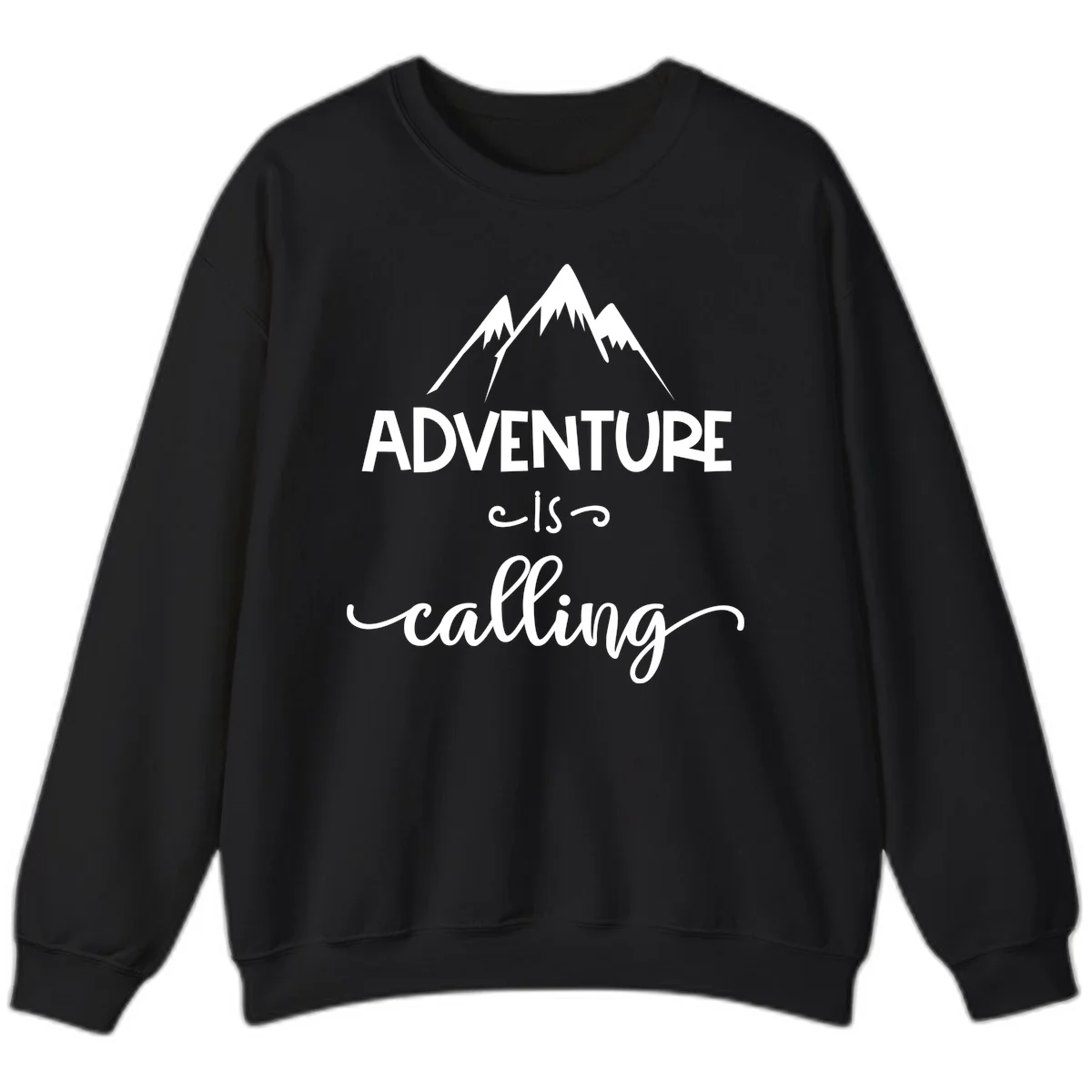 Adventure is calling design with three snow-capped mountain peaks and motivational text on gray background in Black