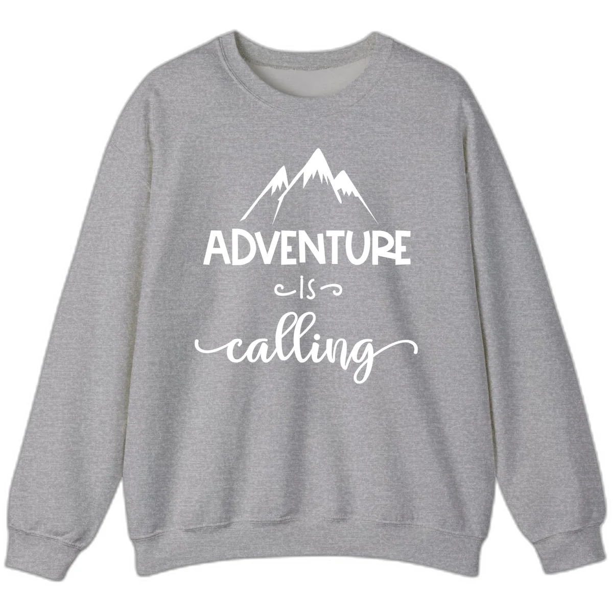Adventure is calling design with three snow-capped mountain peaks and motivational text on gray background in Sport Grey