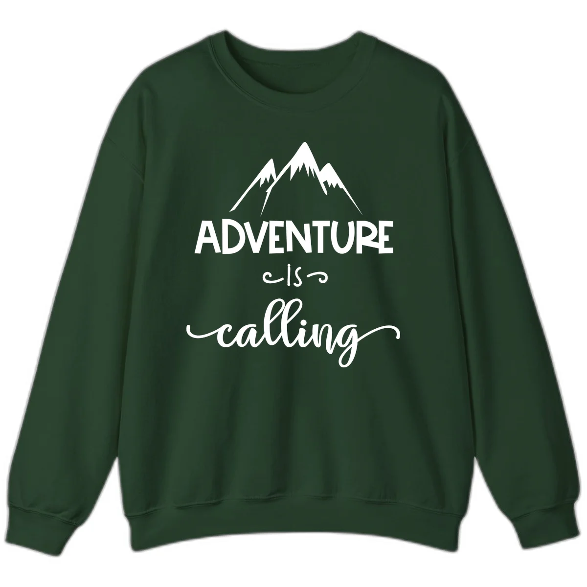 Adventure is calling design with three snow-capped mountain peaks and motivational text on gray background in Forest Green