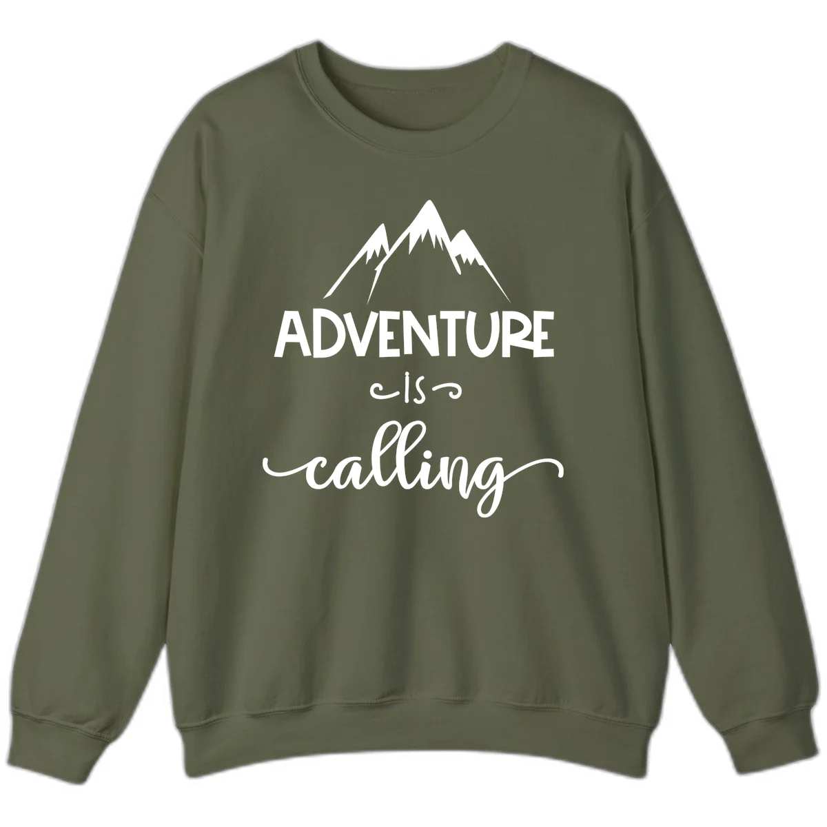 Adventure is calling design with three snow-capped mountain peaks and motivational text on gray background in Military Green