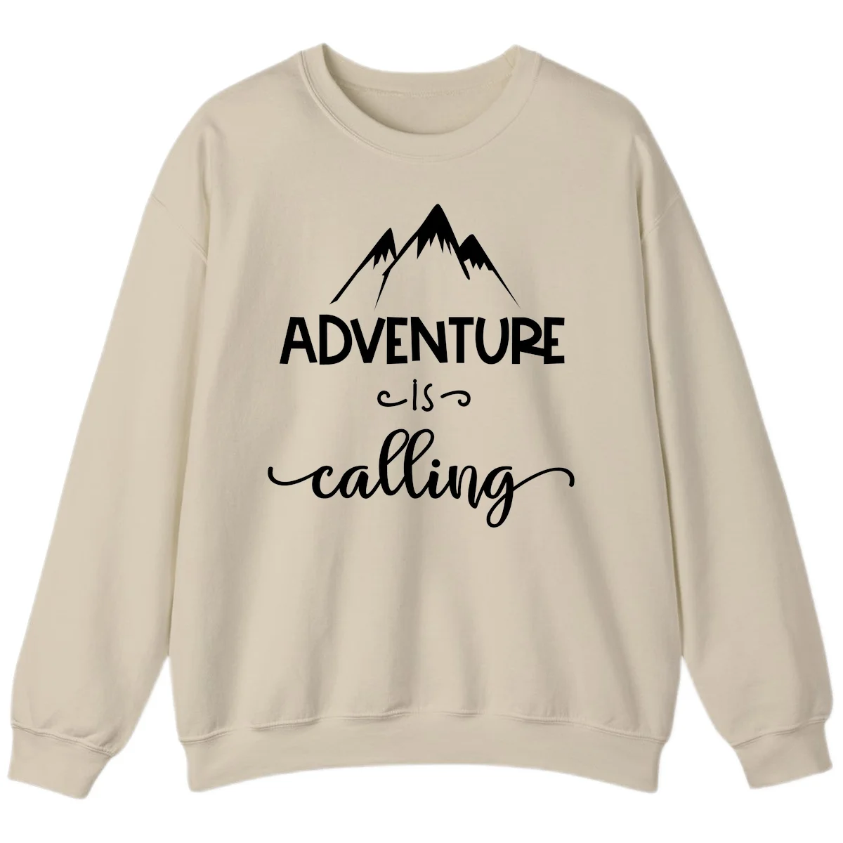 Adventure is calling design with three snow-capped mountain peaks and motivational text on gray background in Sand