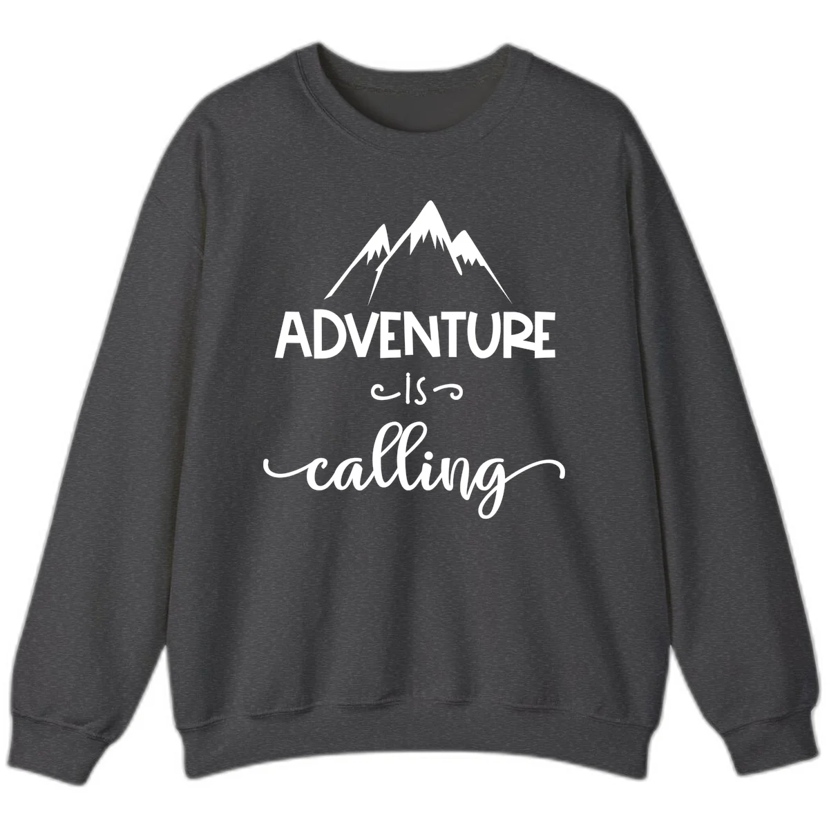 Adventure is calling design with three snow-capped mountain peaks and motivational text on gray background in Dark Heather