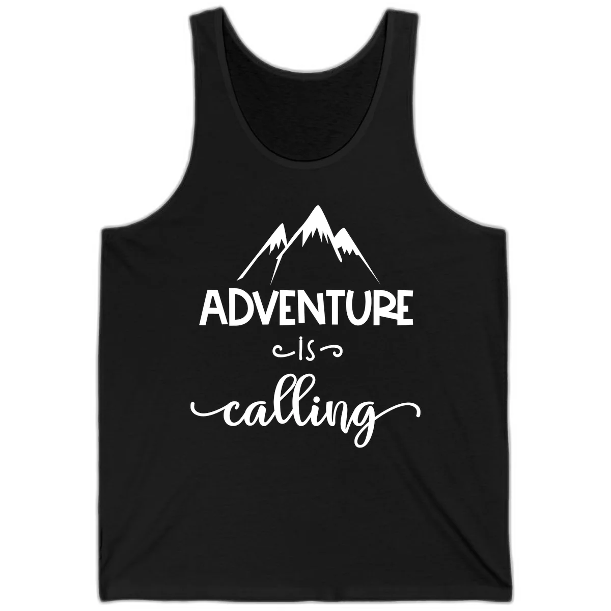 Adventure is calling design with three snow-capped mountain peaks and motivational text on gray background in Black