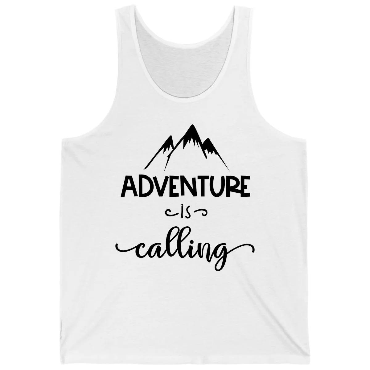 Adventure is calling design with three snow-capped mountain peaks and motivational text on gray background in White