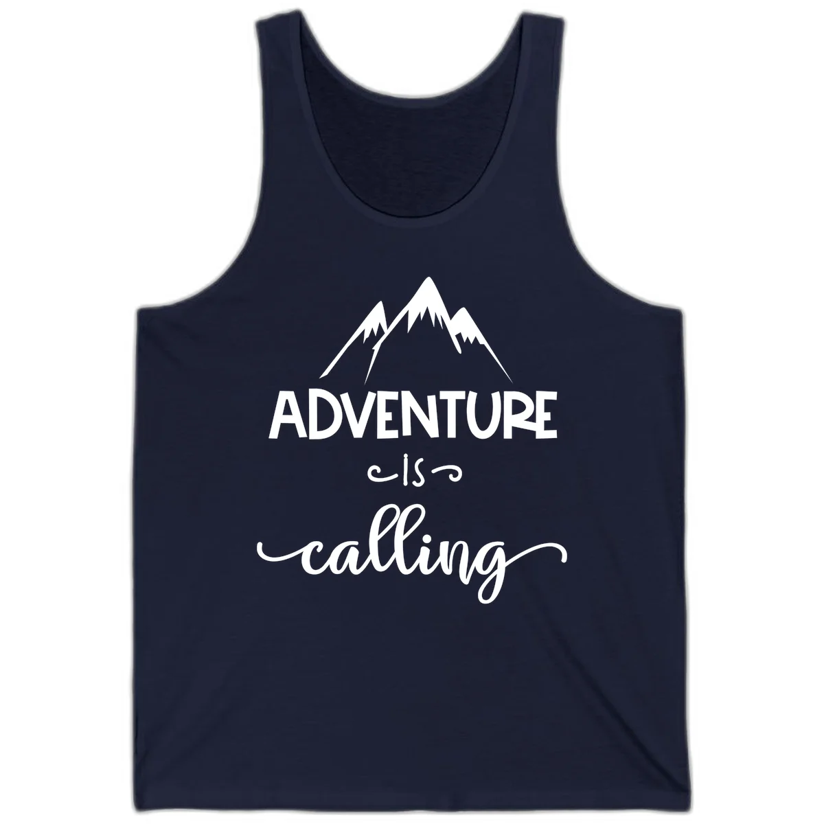 Adventure is calling design with three snow-capped mountain peaks and motivational text on gray background in Navy