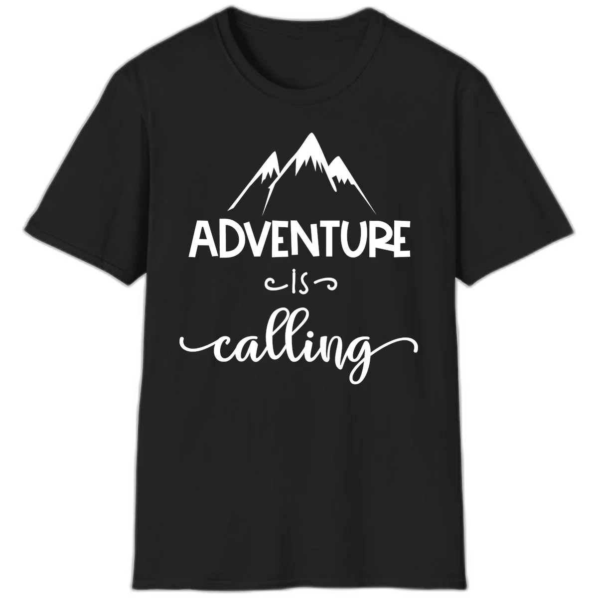 Adventure is calling design with three snow-capped mountain peaks and motivational text on gray background in Black