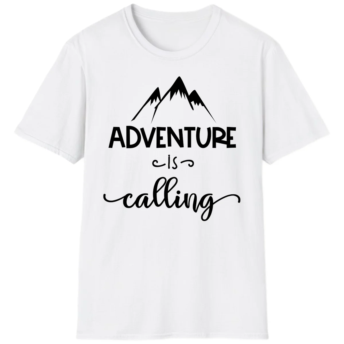 Adventure is calling design with three snow-capped mountain peaks and motivational text on gray background in White