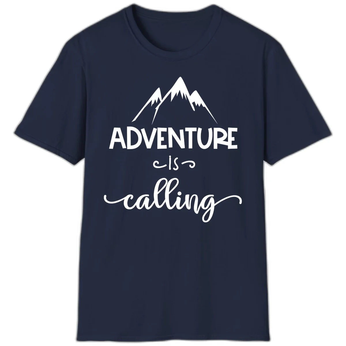 Adventure is calling design with three snow-capped mountain peaks and motivational text on gray background in Navy