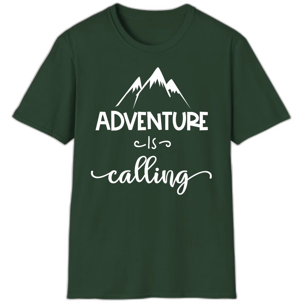 Adventure is calling design with three snow-capped mountain peaks and motivational text on gray background in Forest Green