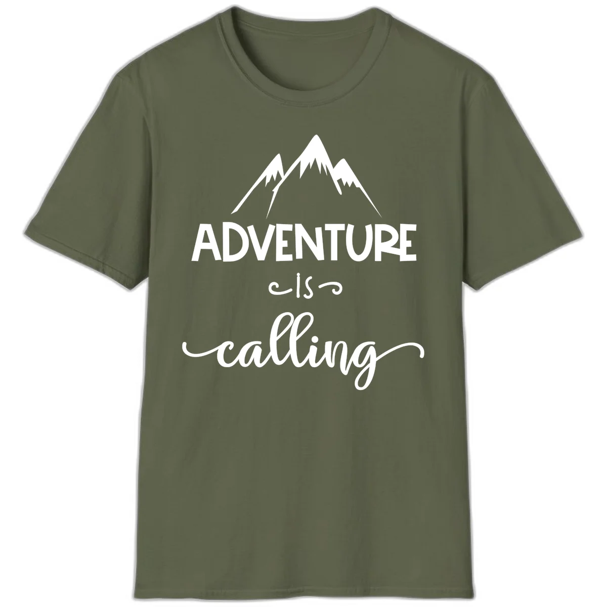 Adventure is calling design with three snow-capped mountain peaks and motivational text on gray background in Military Green
